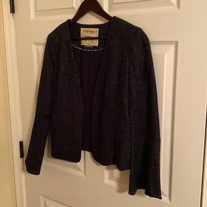 Wool jacket navy blue pin strip hook closure bell sleeves size 8 (Anthropologie)